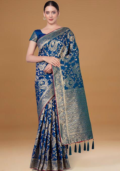 Blue Zari Embroidered Work Banarasi Silk Saree With Blouse