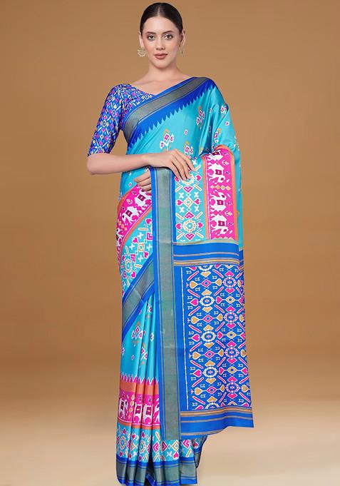Turquoise Printed Satin Patola Silk Saree With Blouse