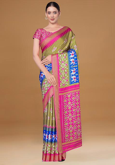 Mehndi Green Printed Satin Patola Silk Saree With Blouse