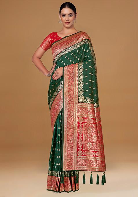 Dark Green Zari Work Banarasi Woven Silk Saree With Blouse