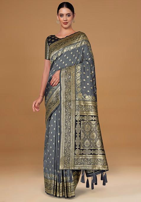 Grey Zari Woven Banarasi Silk Saree With Blouse