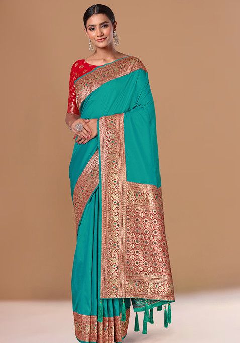 Turquoise Zari Work Banarasi Woven Silk Saree With Blouse