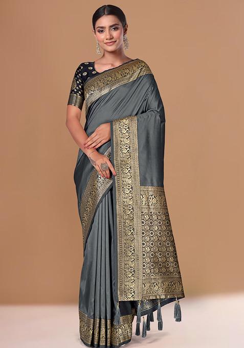 Grey Banarasi Silk Zari Work Saree With Blouse