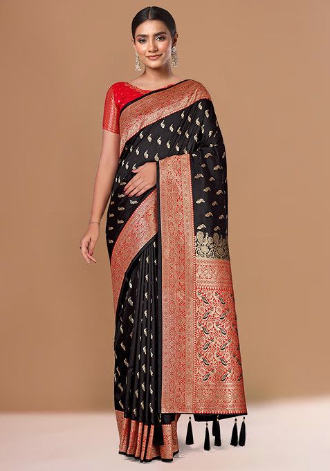 Black Zari Embroidered Banarasi Silk Saree With Blouse