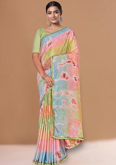 Multicolor Printed And Sequin Embroidered Satin Silk Blended Saree With Blouse