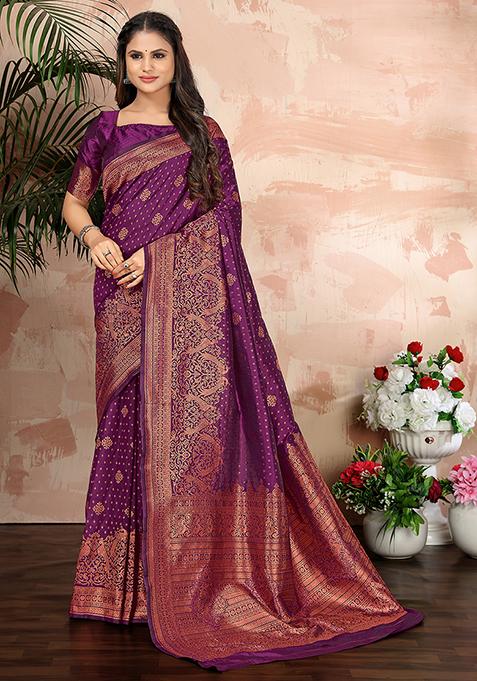 Purple Woven Work Banarasi Silk Blend Saree With Blouse