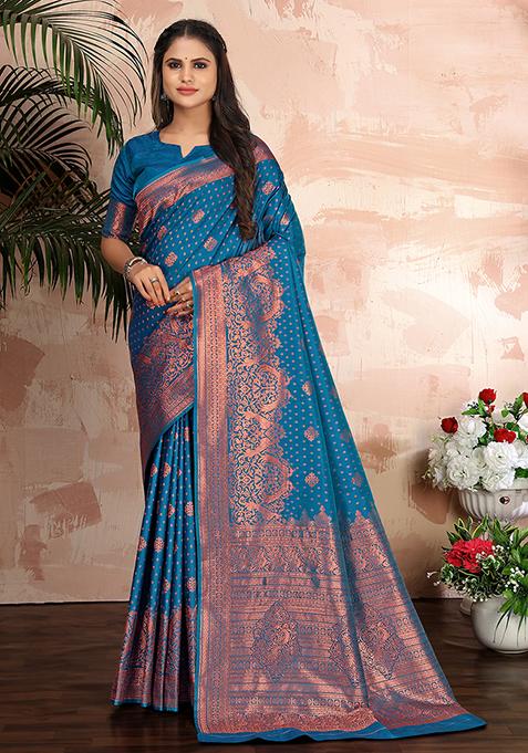 Blue Woven Banarasi Silk Blend Saree With Blouse