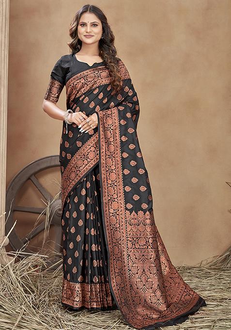 Black Woven Banarasi Silk Blend Saree With Blouse