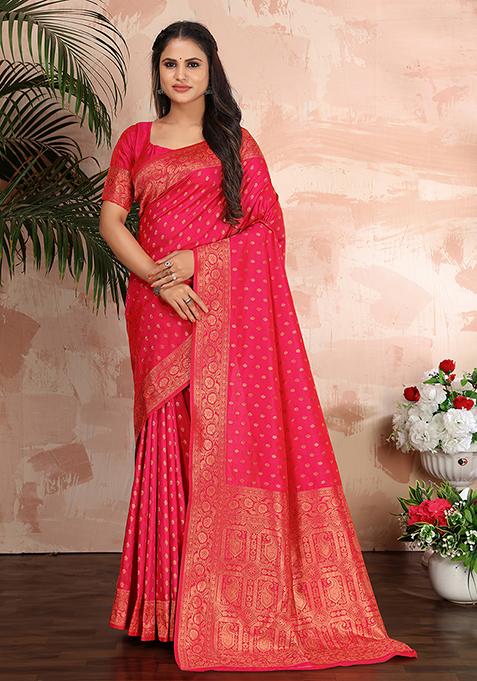 Rani Pink Woven Banarasi Silk Saree With Blouse