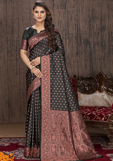 Black Woven Work Banarasi Silk Blended Saree With Blouse