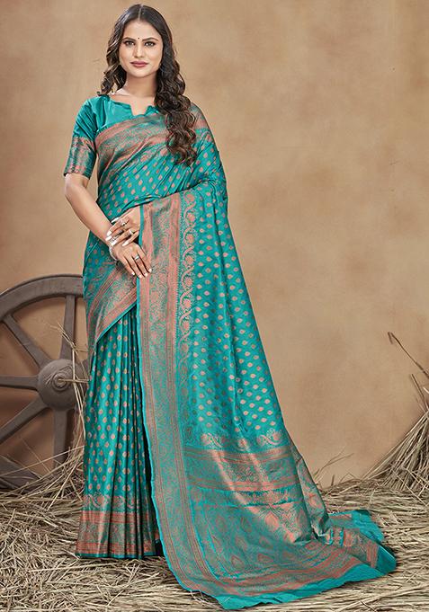 Turquoise Woven Banarasi Silk Saree With Blouse