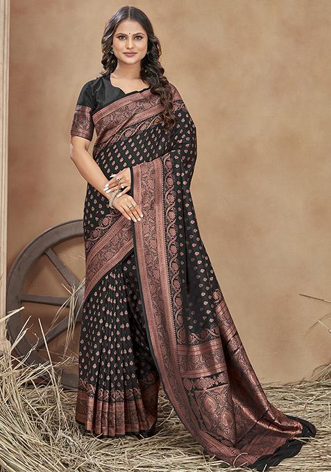 Black Woven Banarasi Silk Saree With Blouse
