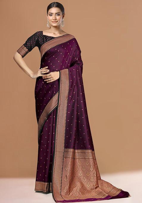 Purple Woven Banarasi Silk Saree With Blouse