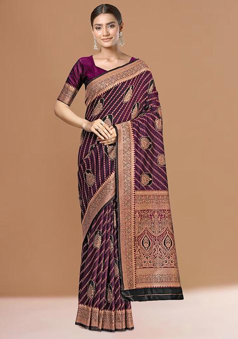 Purple Banarasi Woven Silk Saree With Blouse