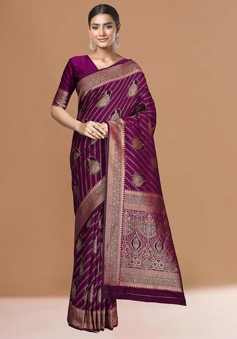 Magenta Banarasi Woven Silk Saree With Blouse