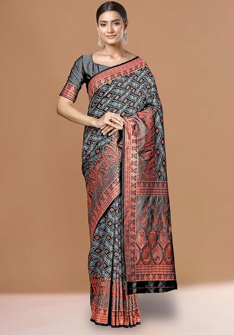 Grey Banarasi Woven Silk Saree With Blouse