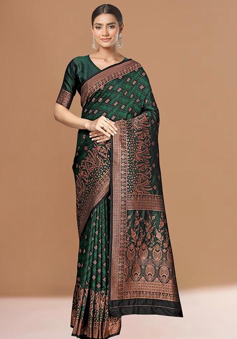 Dark Green Banarasi Woven Silk Saree With Blouse