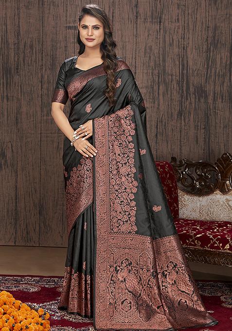 Black Embroidered Banarasi Silk Saree With Blouse