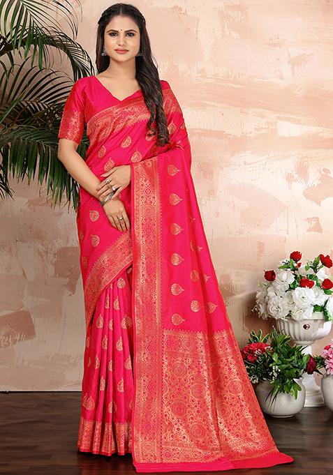 Rani Pink Woven Work Banarasi Silk
