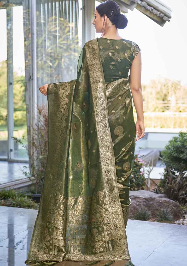 Olive Green with Maroon Khadi Cotton Sarees with Sleeveless Blouse Combo main image 1