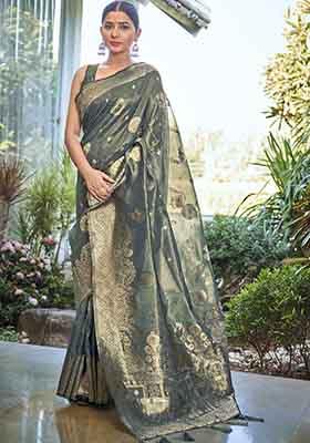 Grey Zari Embroidered Simar Silk Saree With Blouse