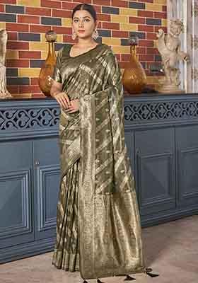 Mehendi Green Zari Embroidered Simar Silk Saree With Blouse
