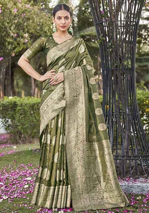 Light Green Zari Embroidered Simar Silk Saree With Blouse