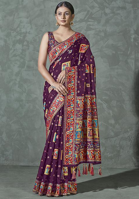 Purple Woven Silk Blend Saree With Blouse