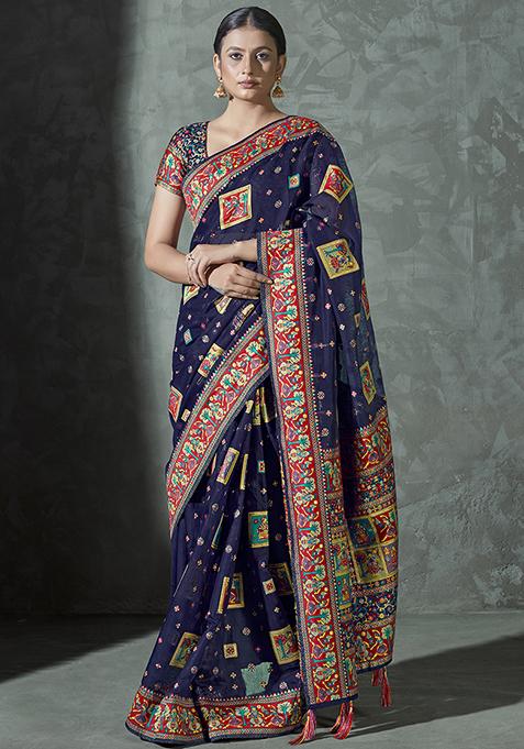 Navy Blue Woven Silk Blend Saree With Blouse