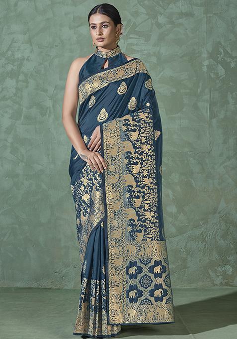 Turquoise Woven Silk Saree With Blouse