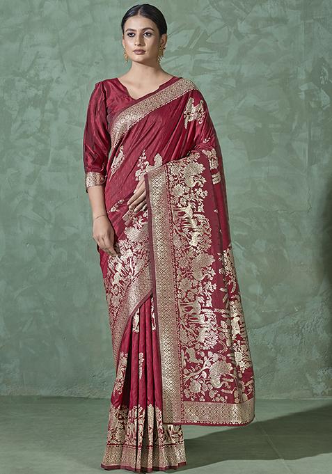Bright Pink Woven Silk Saree With Blouse