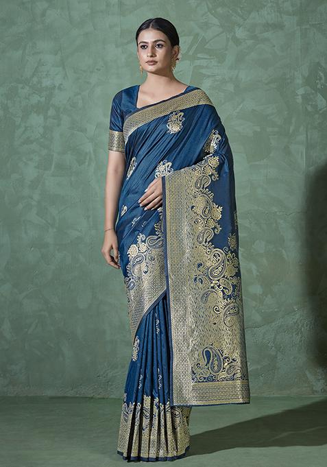 Turquoise Woven Work Silk Saree With Blouse