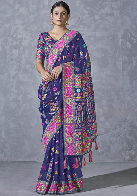 Blue Cotton Woven Silk Saree With Blouse