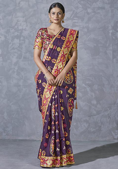 Purple Woven Cotton Silk Saree With Blouse