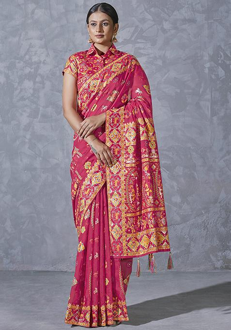 Bright Pink Cotton Woven Silk Saree With Blouse