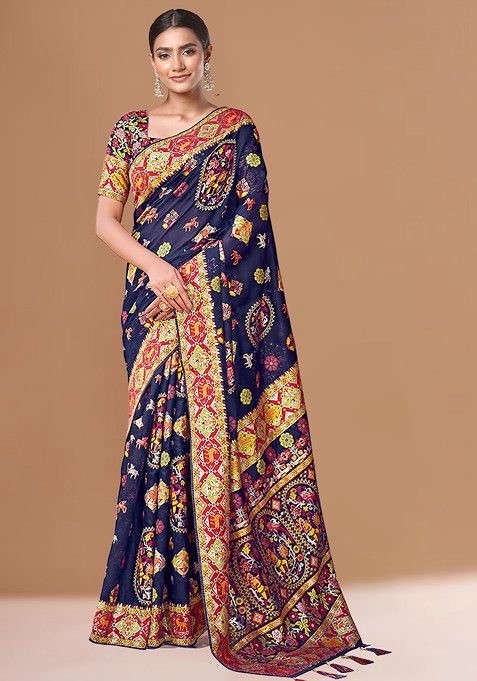 Navy Blue Woven Work Silk Saree With Blouse