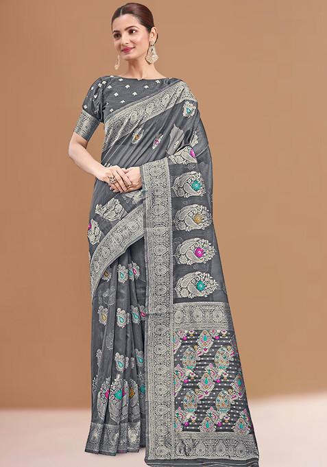 Grey Woven Work Silk Blended Saree With Blouse