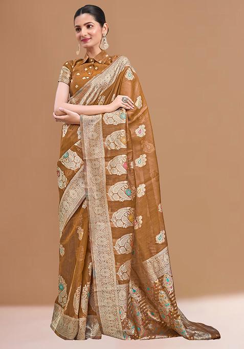 Mustard Woven Work Silk Blended Saree With Blouse