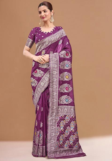 Purple Woven Silk Saree With Blouse