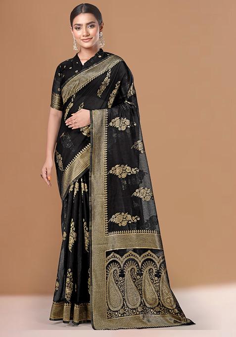 Black Cotton Jacquard Woven Silk Saree With Blouse