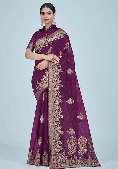 Purple Cotton Jacquard Woven Silk Saree With Blouse