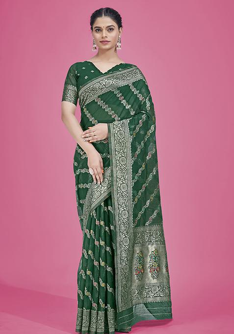 Dark Green Cotton Jacquard Woven Silk Saree With Blouse