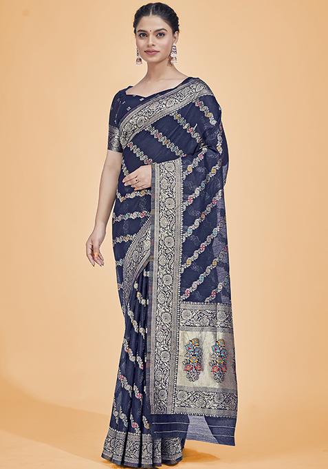 Navy Blue Cotton Jacquard Woven Silk Saree With Blouse