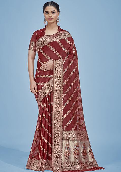 Red Cotton Jacquard Woven Silk Saree With Blouse
