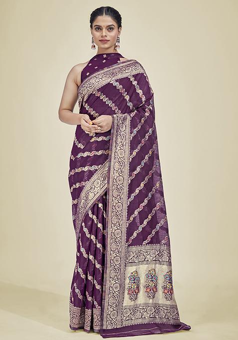 Purple Woven Cotton Jacquard Woven Silk Saree With Blouse