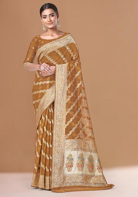 Mustard Cotton Jacquard Woven Silk Saree With Blouse