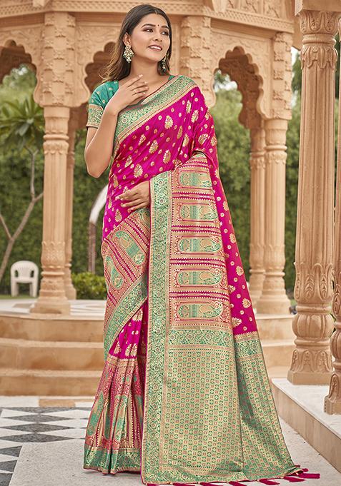 Rani Pink Banarasi Woven Silk Saree With Blouse