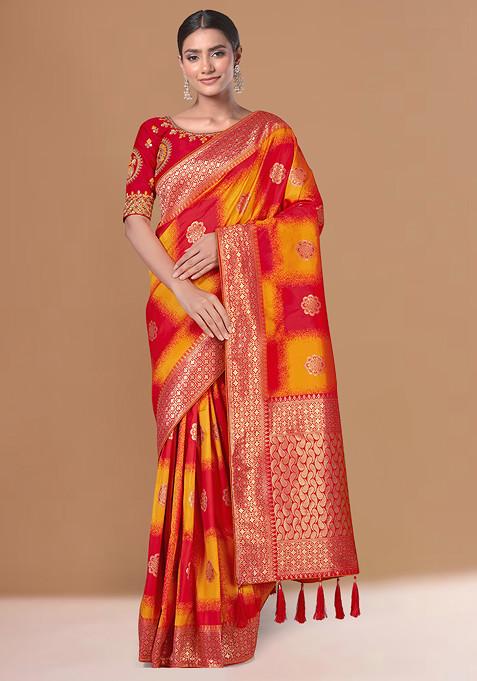 Red Banarasi Woven Silk Saree With Blouse