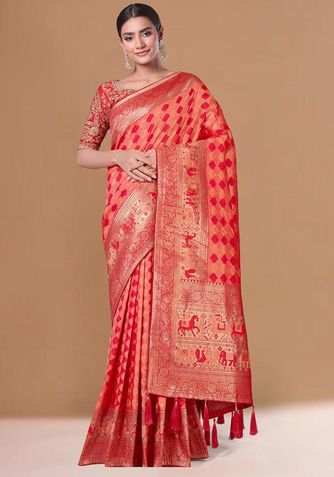 Peach Banarasi Woven Silk Saree With Blouse