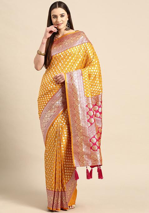 Yellow Jacquard Work Banarasi Silk Manhori Saree With Blouse